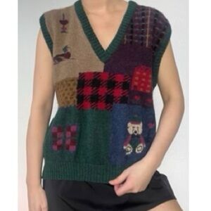 Vintage Woolrich Plaid Check Colorblock Bear Graphic Sweater Vest Large